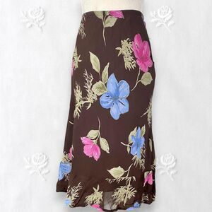 Deadstock JM Collection NWT Early 2000's Ruffle Brown Mesh Floral Midi Skirt 16W